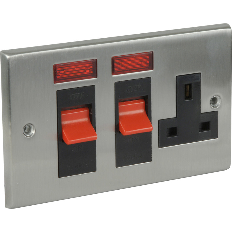 Satin Chrome / Black Cooker Socket & Neon 45A