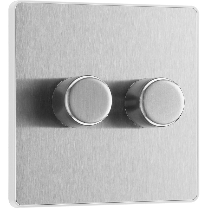 BG Evolve Brushed Steel (White Ins) Trailing Edge Led 200W Double Dimmer Switch, 2-Way Push On/Off