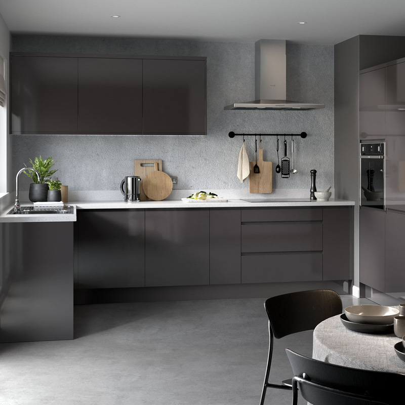 Kitchen Kit Ready Made J-Pull Kitchen Cabinet Base 3 Drawer Unit Super Gloss Graphite 600mm