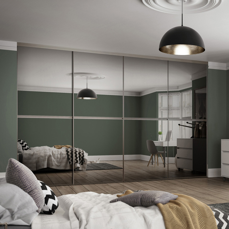 Spacepro Minimalist 4 Door Sliding Wardrobe Kit Silver Framed Silver Mirror Doors 2400 x 2260mm