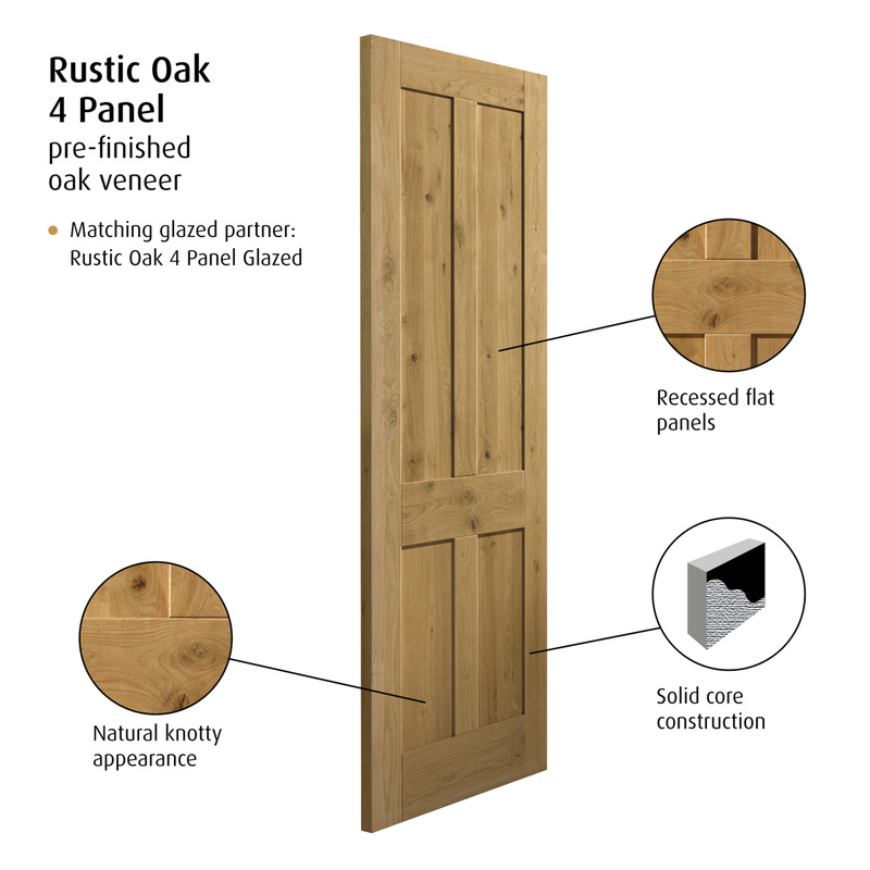Rustic Oak 4 Panel Internal Door Pre-Finished 35 x 1981 x 610mm