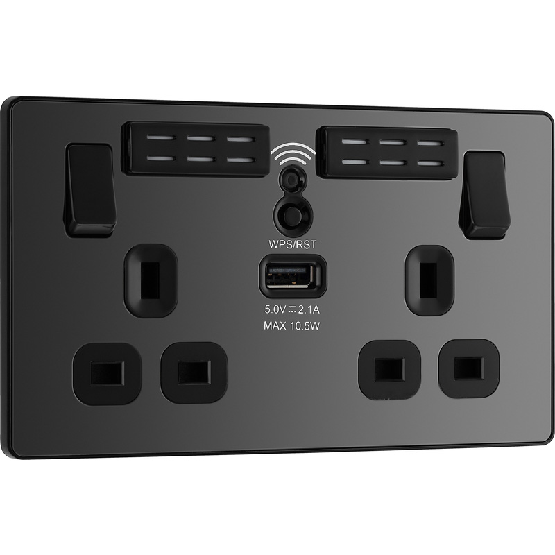 BG Evolve Black Chrome (Black Ins) Wifi Extender Double Switched 13A Power Socket + 1X Usb (2.1A)