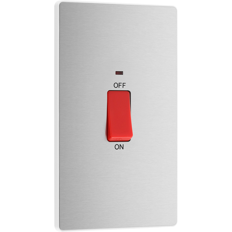 BG Evolve Brushed Steel (White Ins) 45A Rectangular Switch, Double Pole With Led Power Indicator
