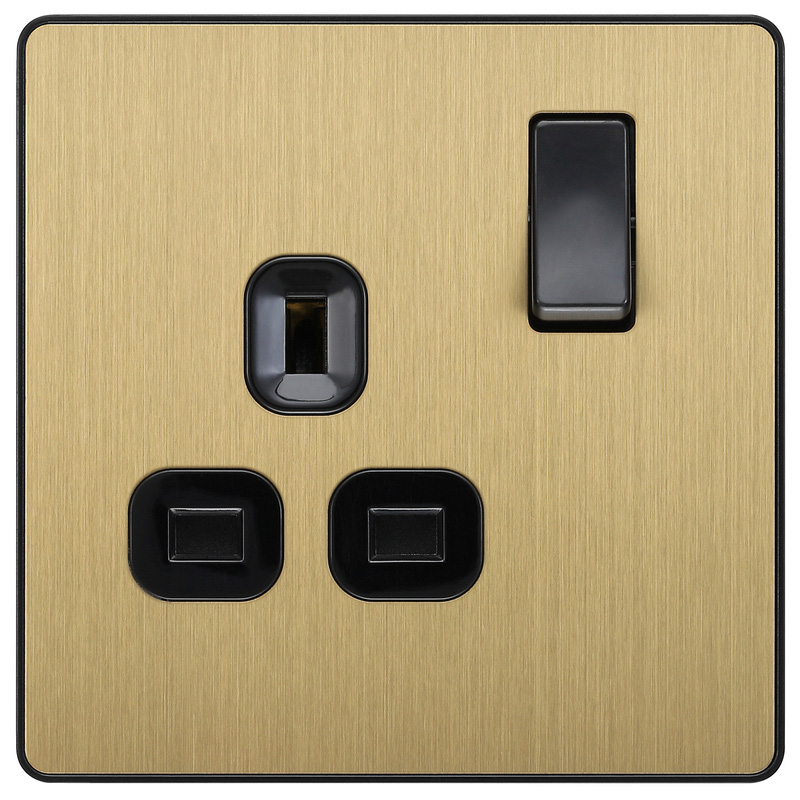 BG Evolve Brushed Brass (Black Ins) Single Switched 13A Power Socket