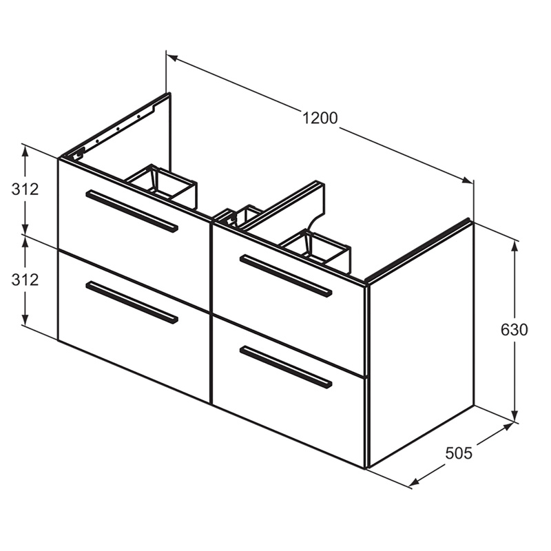 Ideal Standard i.life B 4 Drawer Wall Hung Unit with Double Basin Matt White 1200mm with Matt Black Handles