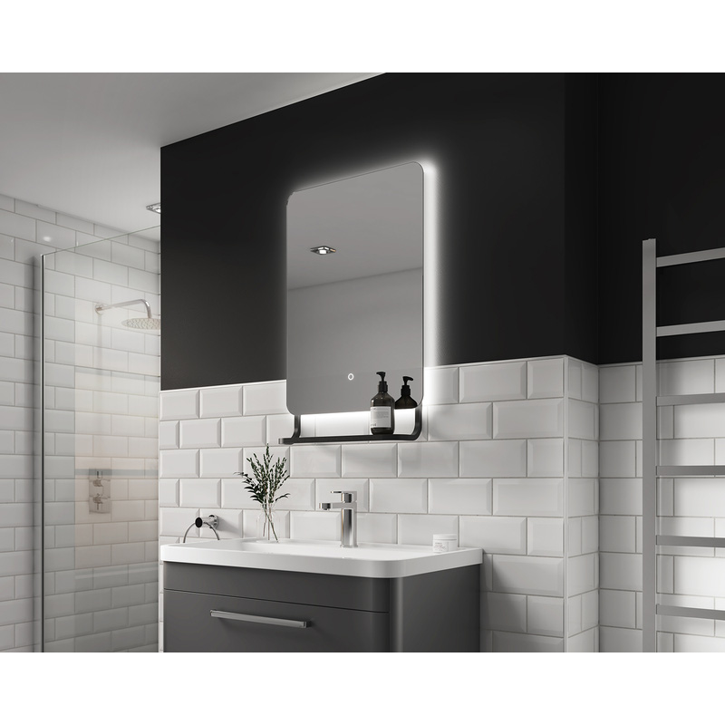 Sensio Harbour LED Backlit Bathroom Mirror With Black Shelf CCT 790 x 500mm