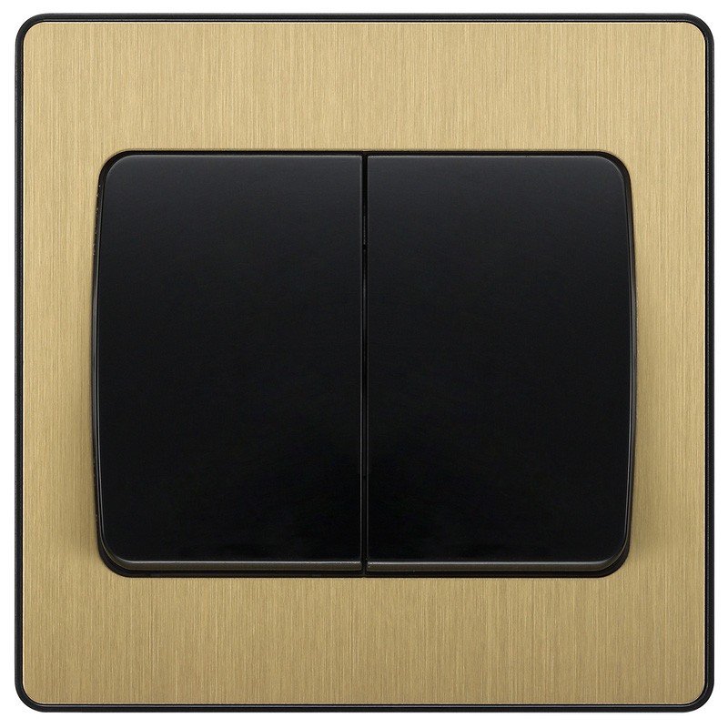 BG Evolve Brushed Brass (Black Ins) Double Light Switch, 20A 16Ax, 2 Way, Wide Rocker
