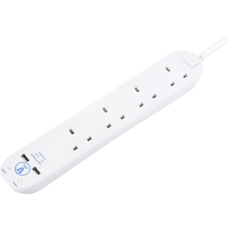 13A Surge Protected Extension Lead + 2 x 2.1A USB 4 Gang 2m - White