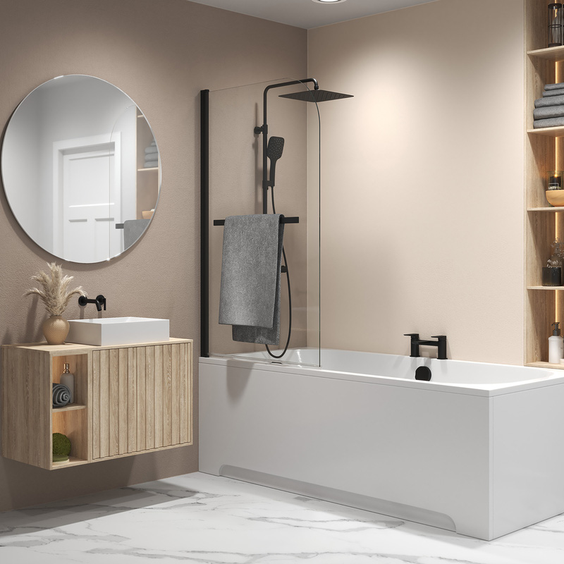 Aqualux Radius Bath Screen & Towel Rail Matt Black Frame 1500x900mm