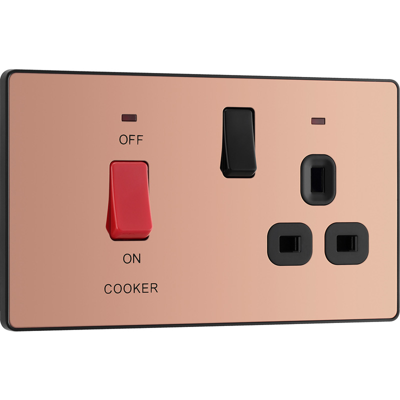 BG Evolve Polished Copper (Black Ins) Cooker Control Socket, Double Pole Switch With Led Power Indicators