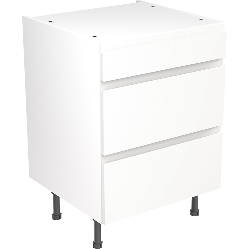 Kitchen Kit Flatpack J-Pull Kitchen Cabinet Base 3 Drawer Unit Ultra Matt White 600mm