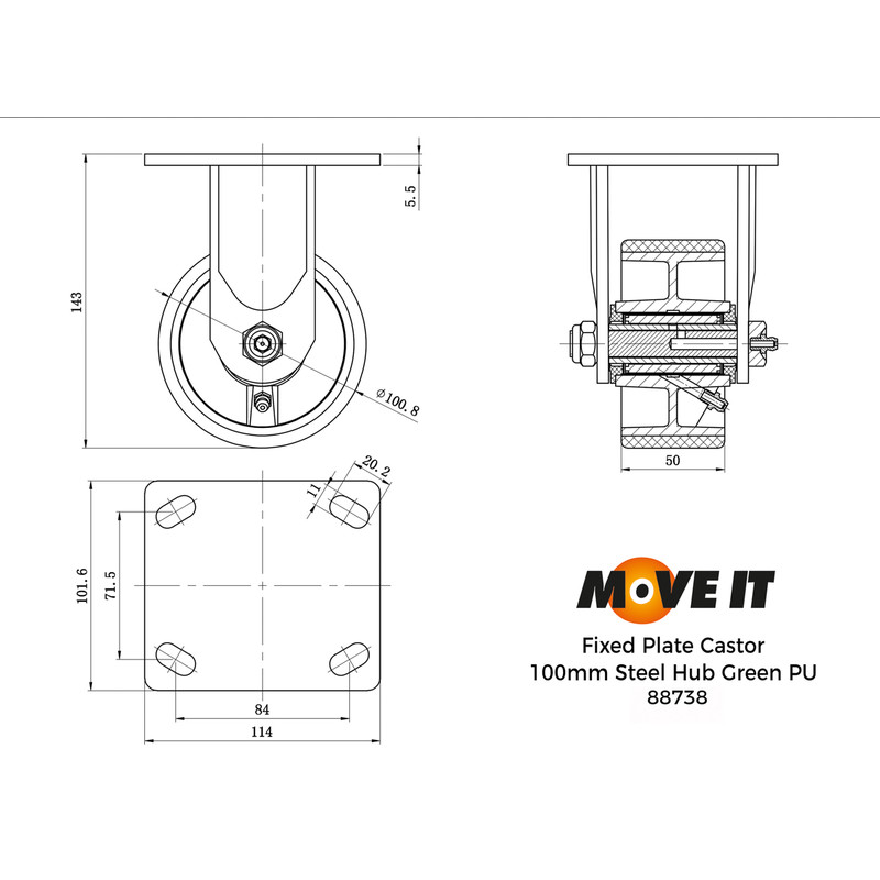 Green Mould-On Poly Steel Hub Fixed 100mm