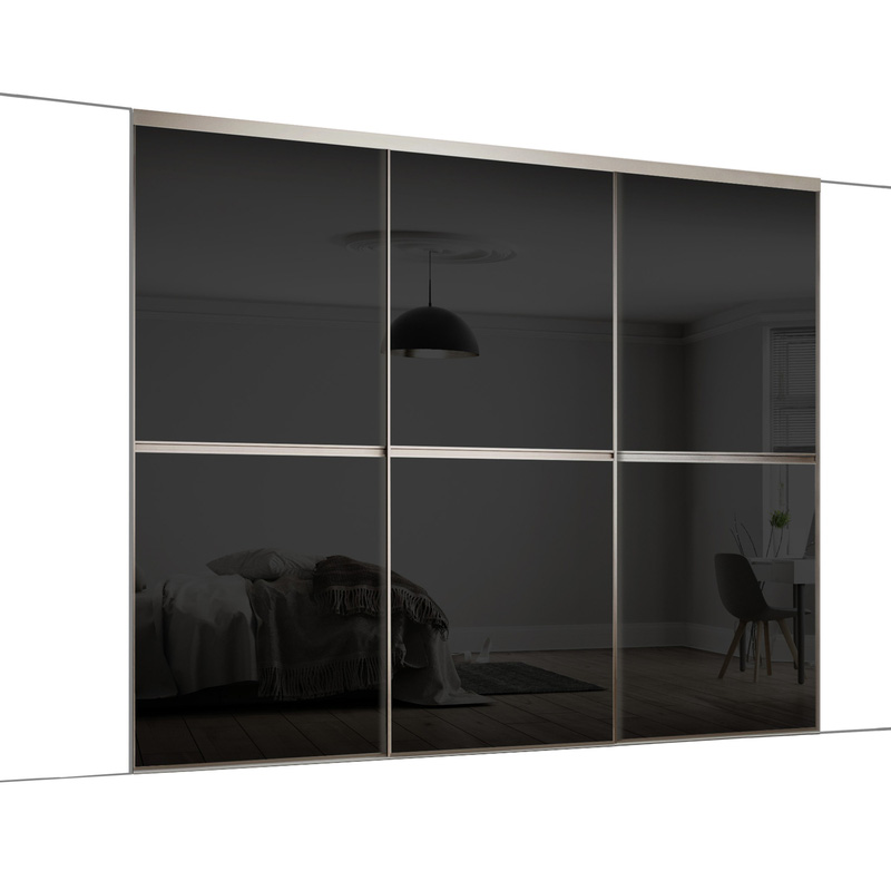 Spacepro Minimalist 3 Door Sliding Wardrobe Kit Silver Framed Black Glass Doors 2246 x 2260mm