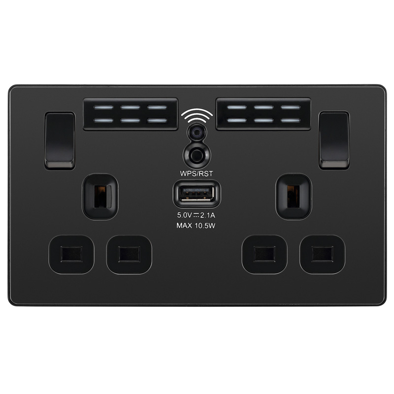 BG Evolve Black Chrome (Black Ins) Wifi Extender Double Switched 13A Power Socket + 1X Usb (2.1A)