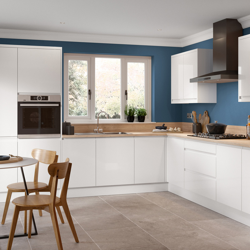 Kitchen Kit Flatpack J-Pull Kitchen Cabinet Pull Out Base Blind Corner Unit Super Gloss White 1000mm Left Hand