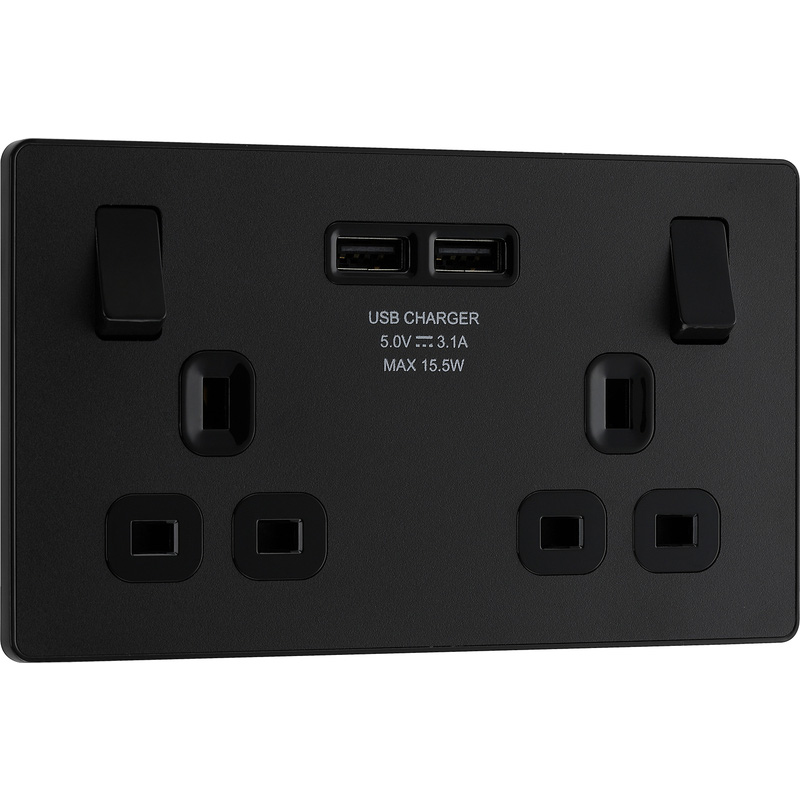 BG Evolve Matt Black (Black Ins) Double Switched 13A Power Socket + 2 X Usb (3.1A)
