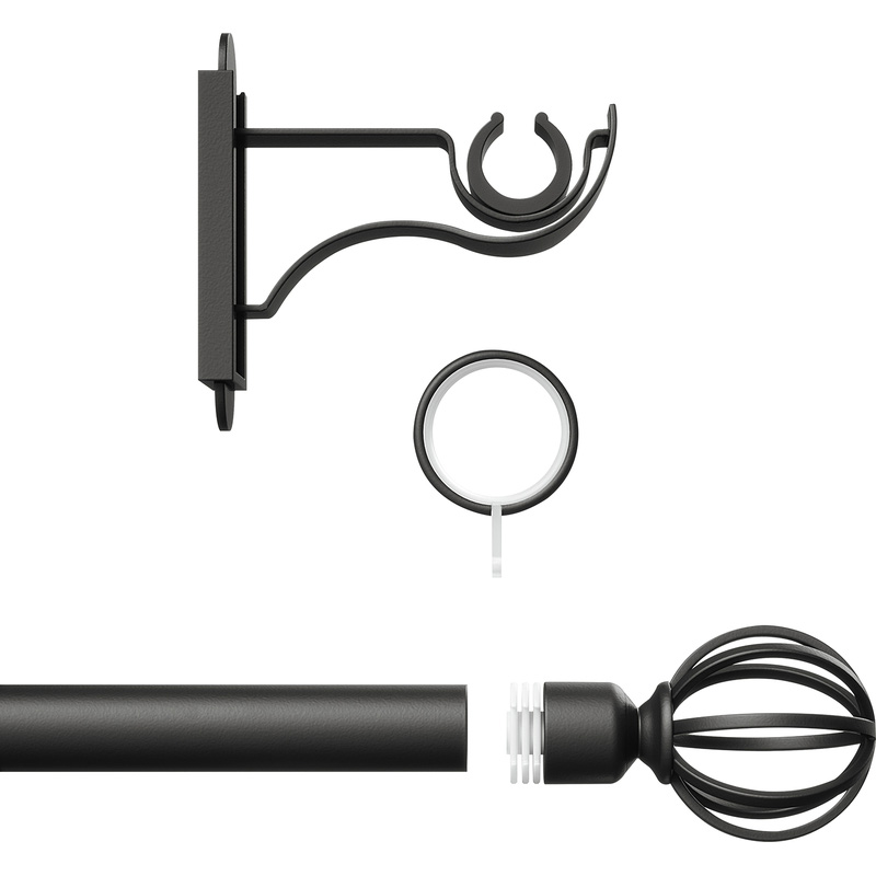 Rothley Curtain Pole Kit with Cage Orb Finials & Rings Matt Black 25mm x 1829mm