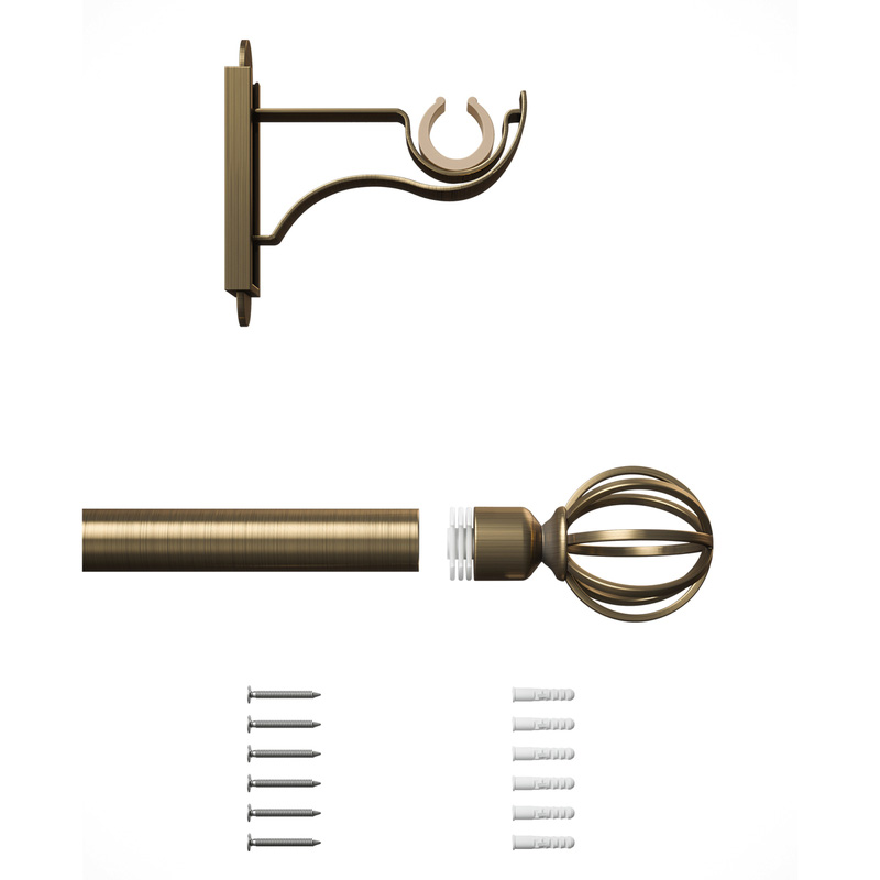 Rothley Curtain Pole Kit with Cage Orb Finials Antique Brass 25mm x 1219mm