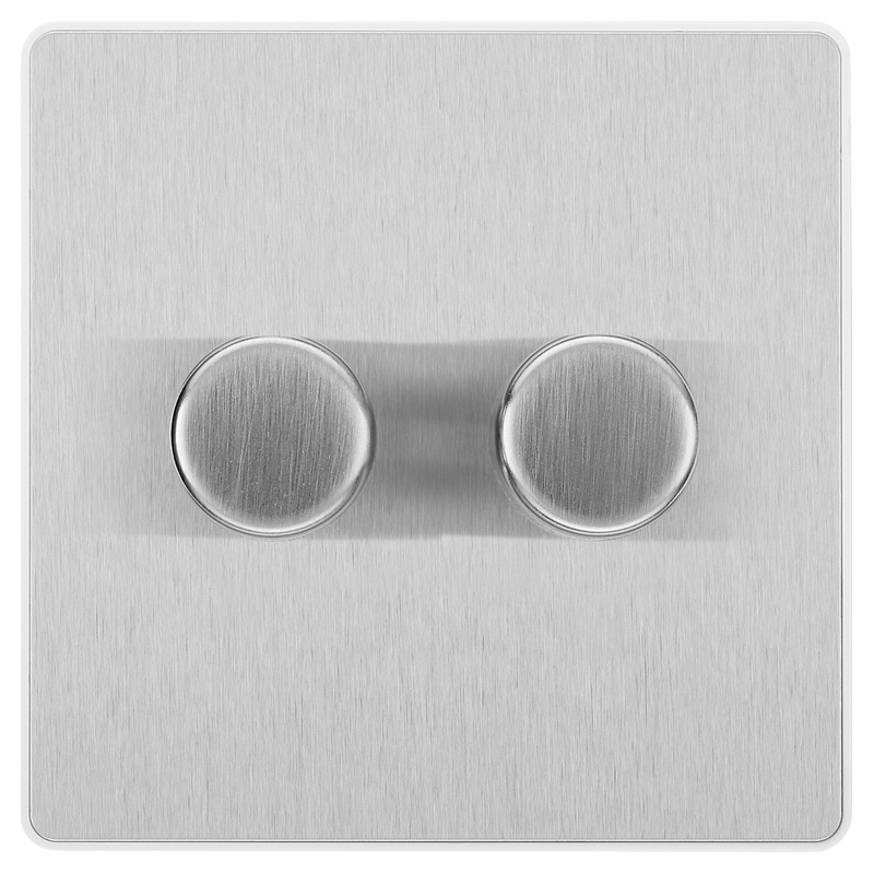 BG Evolve Brushed Steel (White Ins) Trailing Edge Led 200W Double Dimmer Switch, 2-Way Push On/Off