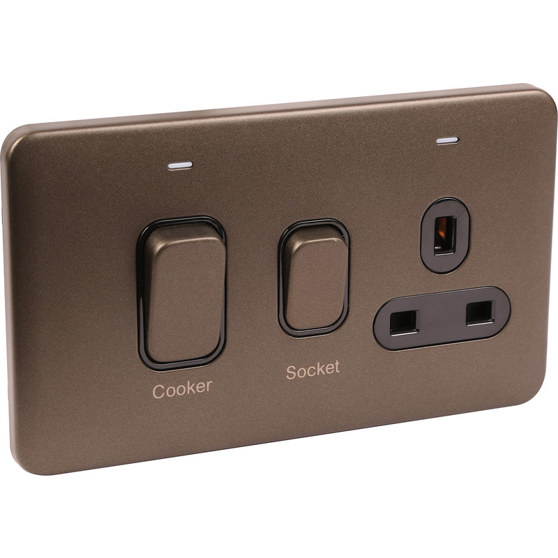 Schneider Electric Lisse Mocha Bronze Screwless 45A DP Cooker Switch 13A Switched Socket & Neon