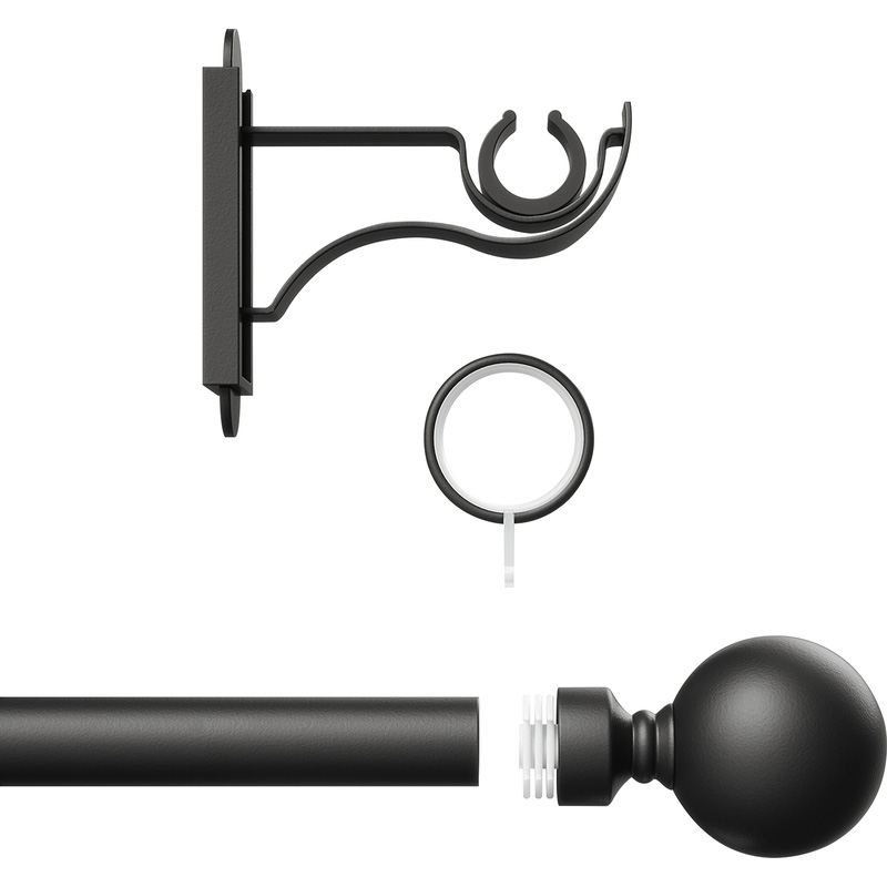 Rothley Curtain Pole Kit with Solid Orb Finials & Rings Matt Black 25mm x 1219mm