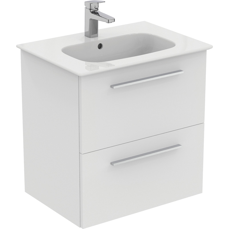 Ideal Standard i.life A Double Drawer Wall Hung Vanity Unit with Basin Matt White 600mm with Brushed Chrome Handles