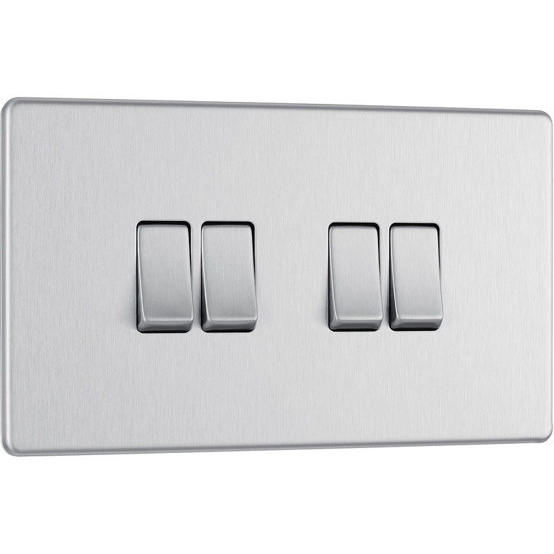 BG Screwless Flat Plate Brushed Stainless Steel 10AX Light Switch 4 Gang 2 Way