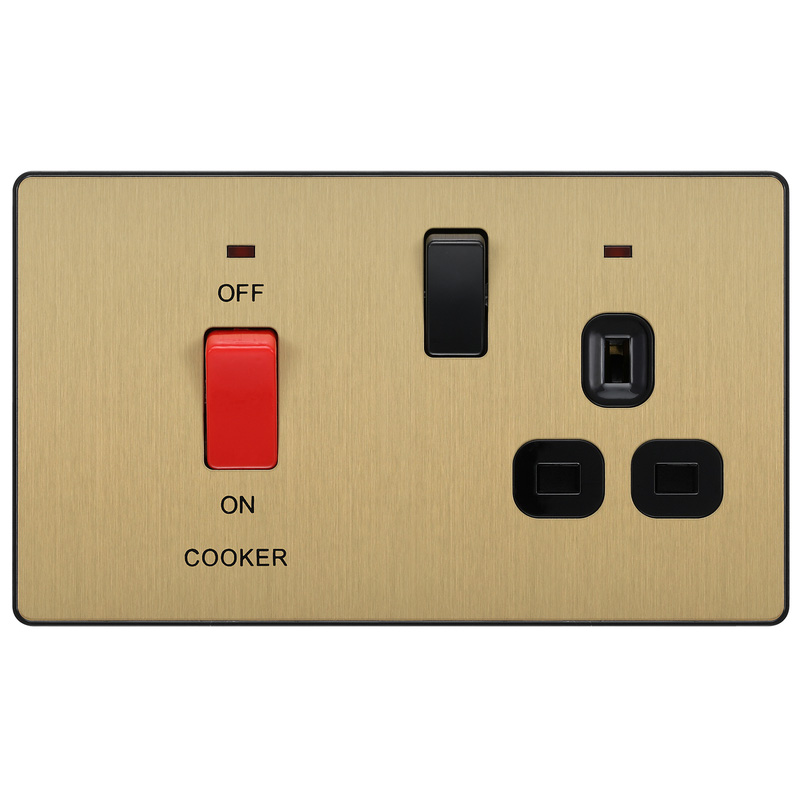 BG Evolve Brushed Brass (Black Ins) Cooker Control Socket, Double Pole Switch With Led Power Indicators