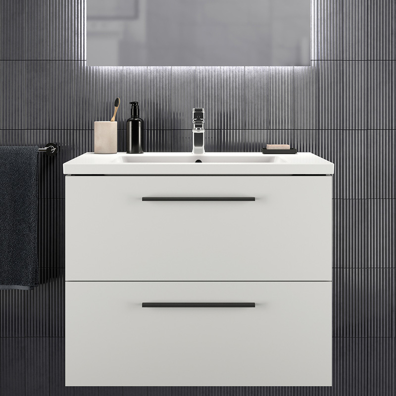 Ideal Standard i.life B Double Drawer Wall Hung Unit with Basin Matt White 800mm with Matt Black Handles
