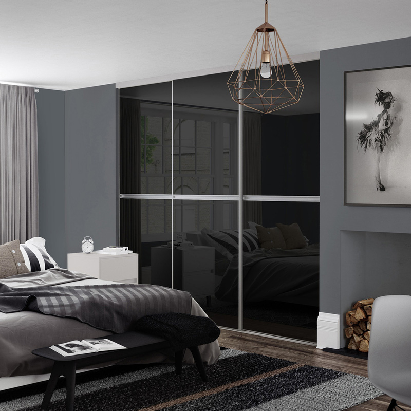 Spacepro Minimalist 3 Door Sliding Wardrobe Kit Silver Framed Black Glass Doors 2246 x 2260mm