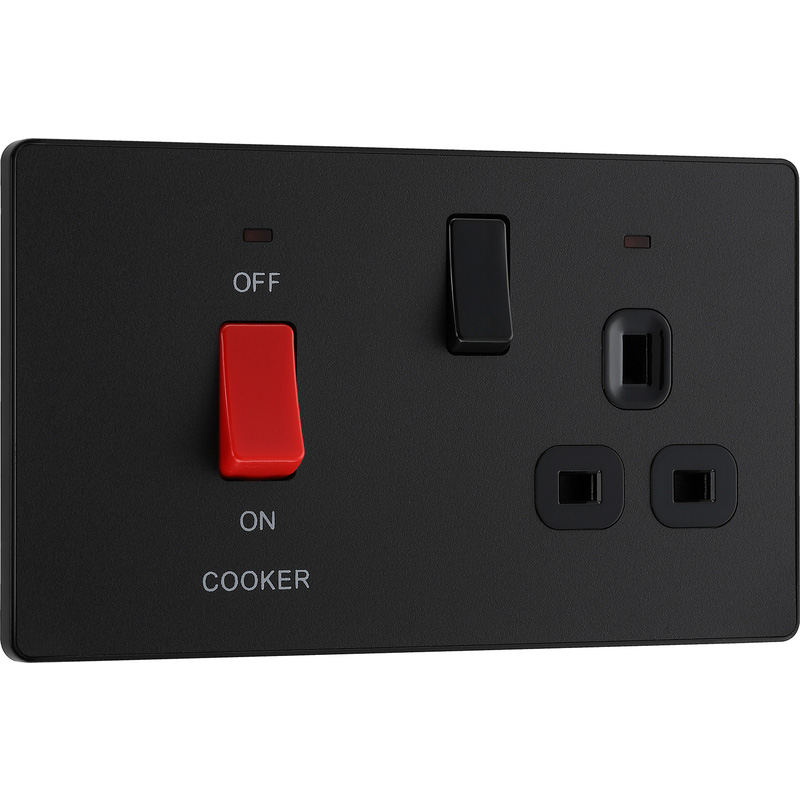 BG Evolve Matt Black (Black Ins) Cooker Control Socket, Double Pole Switch With Led Power Indicators
