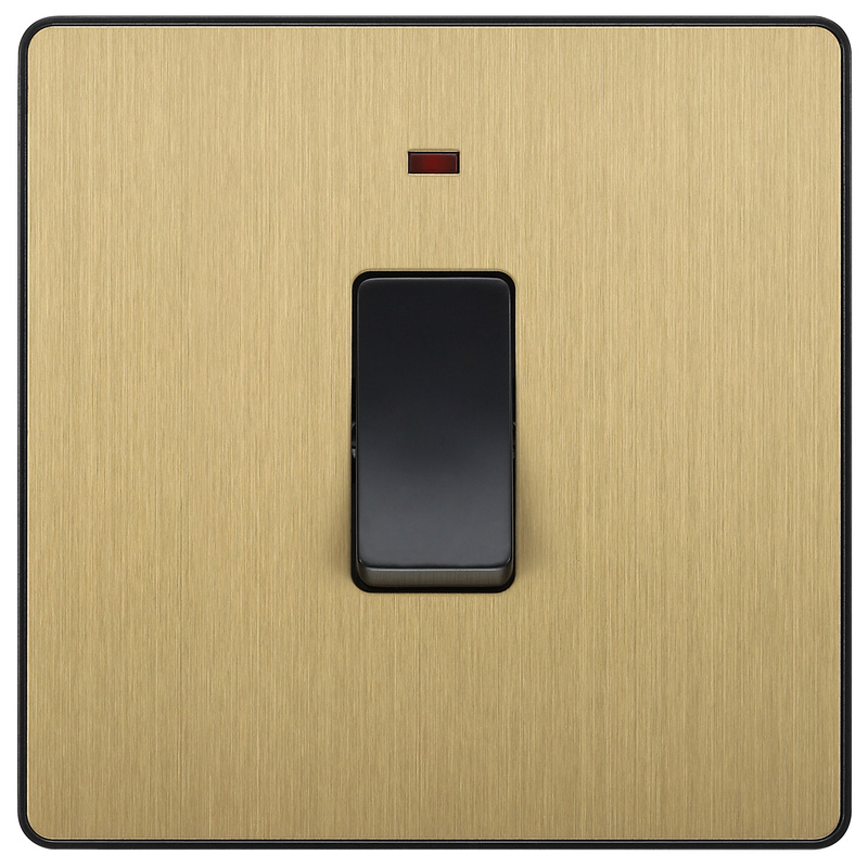 BG Evolve Brushed Brass (Black Ins) 20A Switch, Double Pole With Power Led Indicator