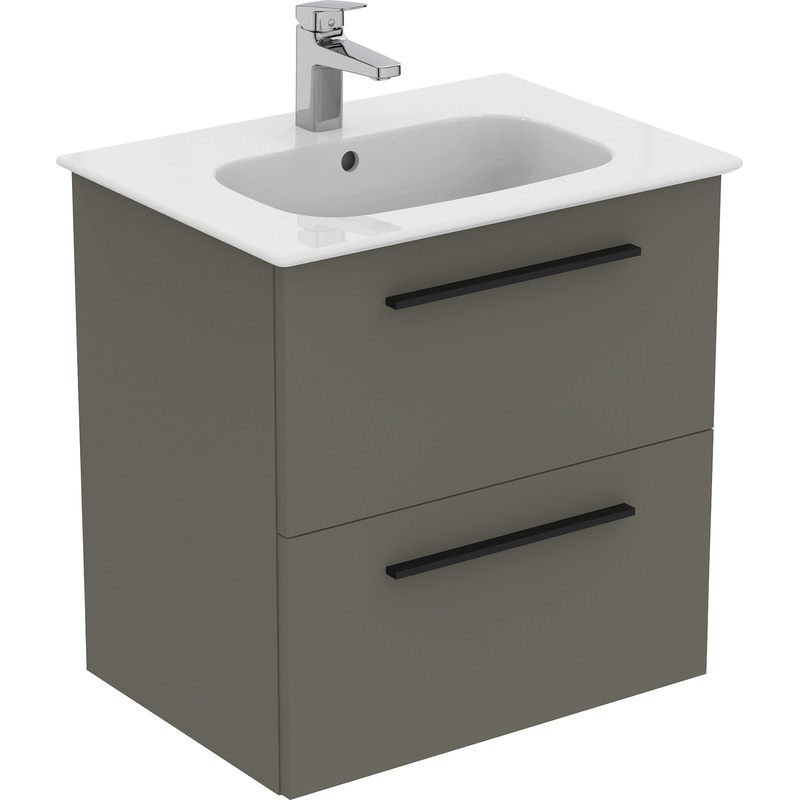 Ideal Standard i.life A Double Drawer Wall Hung Vanity Unit with Basin Matt Quartz Grey 600mm with Matt Black Handles