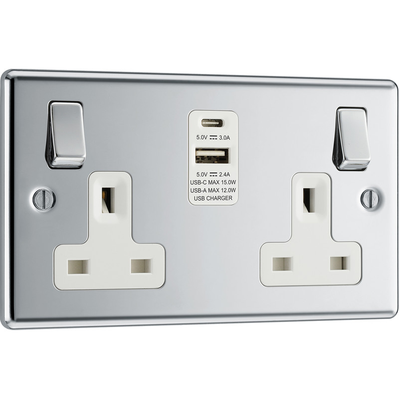 BG Polished Chrome 13A Switched Socket + A & C Type USB 2 Gang + 2 USB (4.2A)