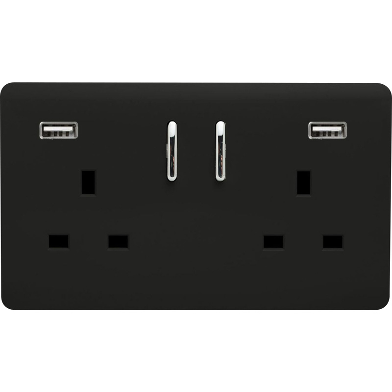 Trendiswitch Matt Black 2 Gang 13 Amp Socket. 2X2.1MaH USB 2 Gang