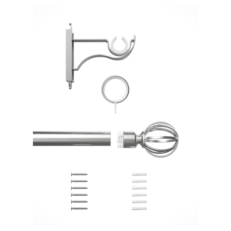 Rothley Curtain Pole Kit with Cage Orb Finials & Rings Brushed Stainless Steel 25mm x 1219mm
