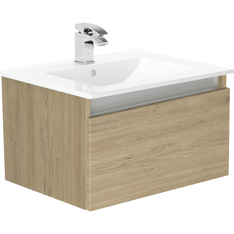 Newland Single Drawer Wall Hung Vanity Unit With Basin Natural Oak 600mm