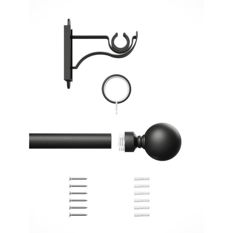 Rothley Curtain Pole Kit with Solid Orb Finials & Rings Matt Black 25mm x 1829mm