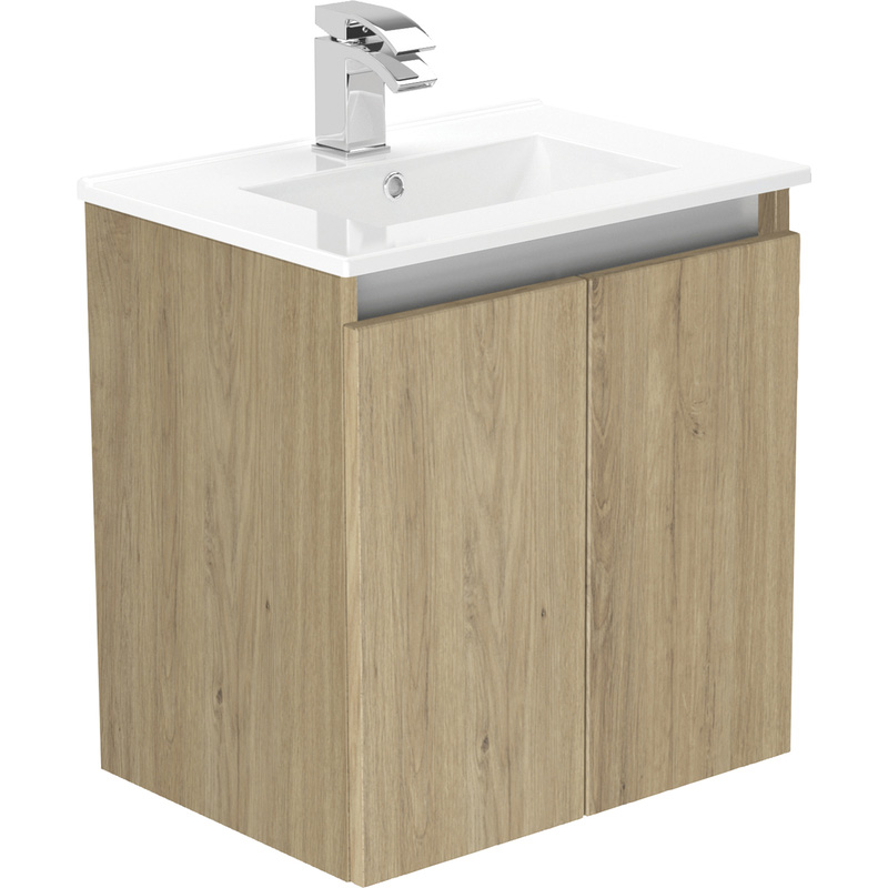 Newland Double Door Slimline Wall Hung Vanity Unit With Basin Natural Oak 500mm