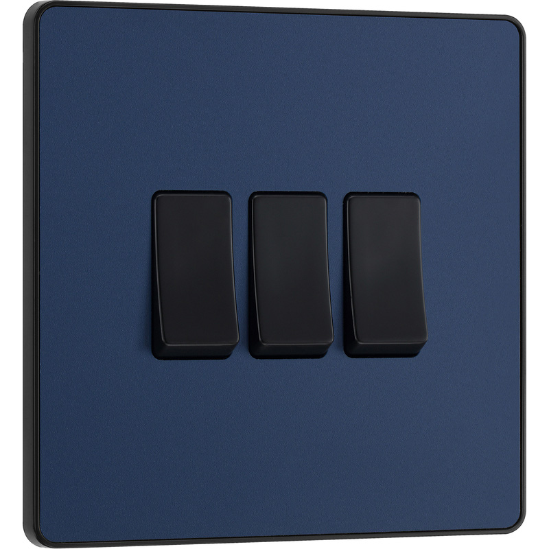 BG Evolve Matt Blue (Black Ins) Triple Light Switch, 20A 16Ax, 2 Way