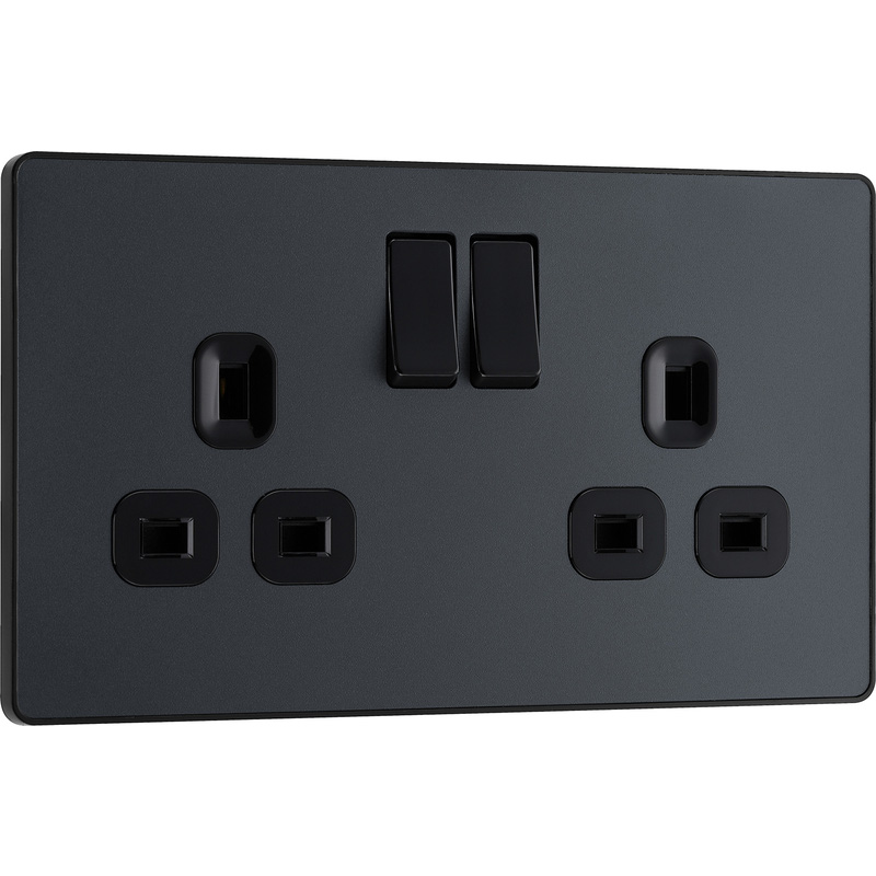 BG Evolve Matt Grey (Black Ins) Double Switched 13A Power Socket