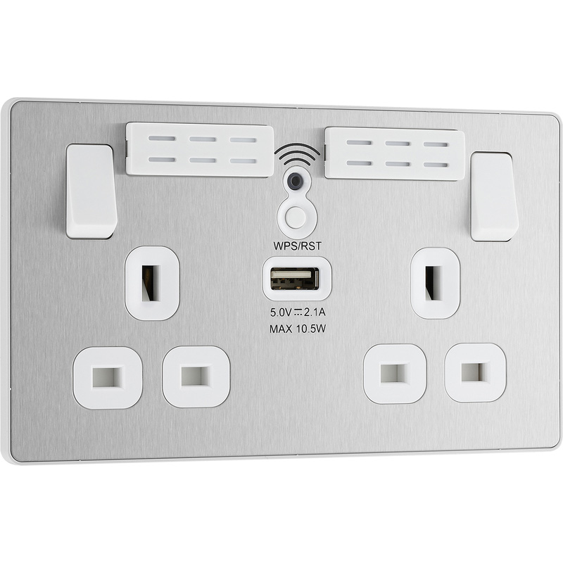 BG Evolve Brushed Steel (White Ins) Wifi Extender Double Switched 13A Power Socket + 1X Usb (2.1A)