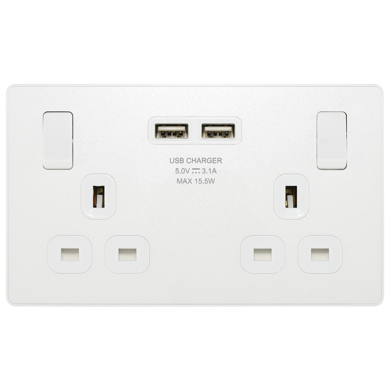 BG Evolve Pearlescent White (White Ins) Double Switched 13A Power Socket + 2 X Usb (3.1A)