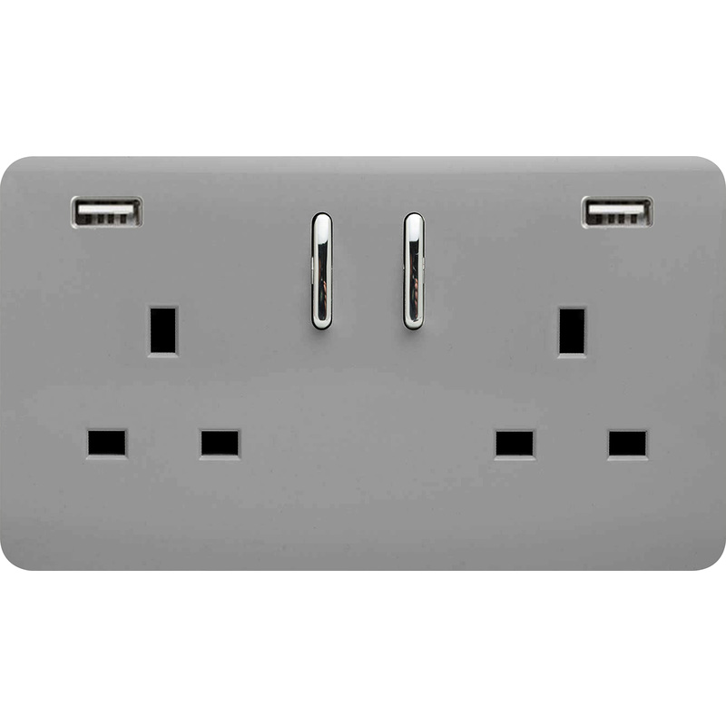 Trendiswitch Light Grey 2 Gang 13 Amp Socket. 2X2.1MaH USB 2 Gang