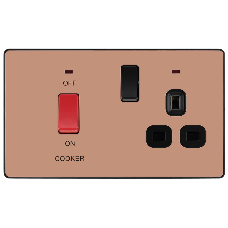 BG Evolve Polished Copper (Black Ins) Cooker Control Socket, Double Pole Switch With Led Power Indicators