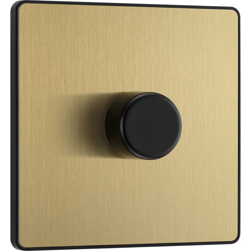 BG Evolve Brushed Brass (Black Ins) Trailing Edge Led 200W Single Dimmer Switch, 2-Way Push On/Off