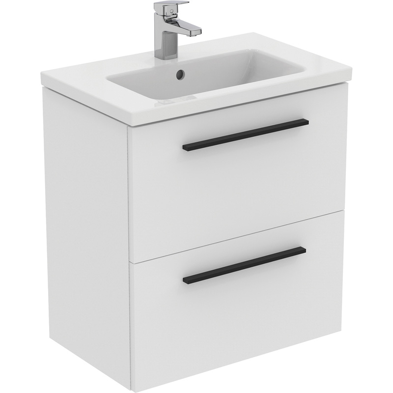 Ideal Standard i.life S Compact Wall Hung Vanity Unit with Basin Matt White 600mm with Matt Black Handles