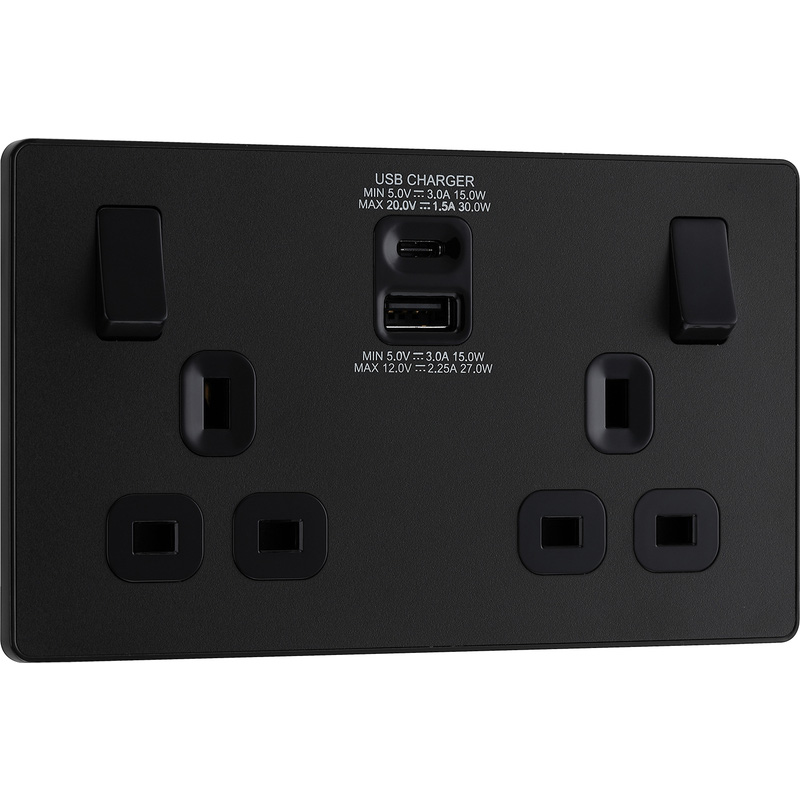 BG Evolve Matt Black (Black Ins) Double Switched 13A Power Socket + Usb C 30W + Usba (2.1A)