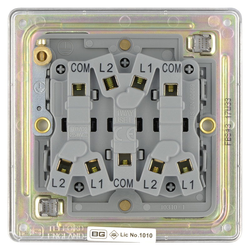 BG Screwless Flat Plate Brushed Stainless Steel 10AX Light Switch 3 Gang 2 Way