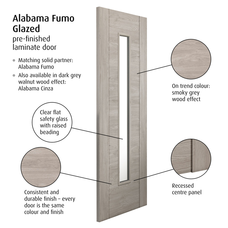 Alabama Fumo Clear Glazed Laminate Internal Door 35 x 1981 x 838mm